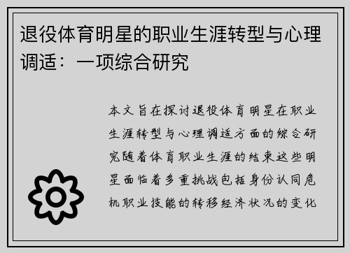 退役体育明星的职业生涯转型与心理调适：一项综合研究