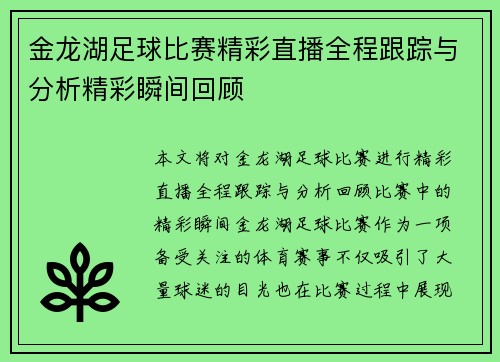金龙湖足球比赛精彩直播全程跟踪与分析精彩瞬间回顾